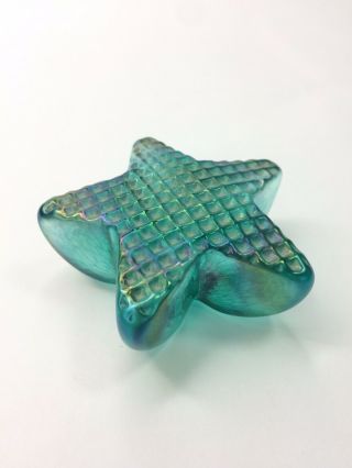 Robert Held Art Glass Teal Green Iridescent Star Waffle Texture Paperweight