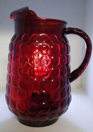 Anchor Hocking Bubble Ruby Red Glass 9 3/8 " Pitcher Ice Lip Vintage