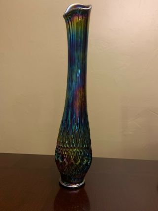 Fenton Ovg Carnival Glass Swung Vase Fine Cut Block Pattern 14.  75” High