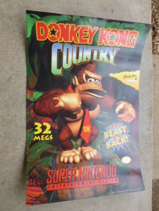 Donkey Kong Country Poster Snes Nintendo Video Store Game 1994 Promotional