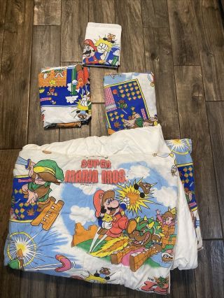 Vtg 1988 Nintendo Mario Bros Zelda Twin Comforter Sheets Pillow Case Set