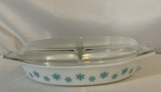 Vintage Pyrex Turquoise Snowflake Divided Casserole Dish 1 1/2 Qt With Lid