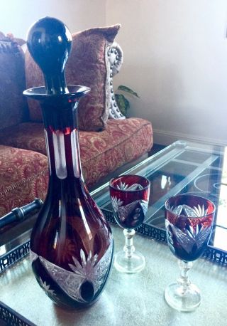 Vintage Czech Bohemian Ruby Red Crystal Cut To Clear Decanter And Glasses