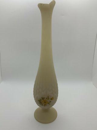 Vintage Fenton Custard Glass Bud Vase Handpainted Basketweave Pattern Signed