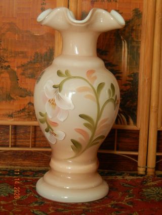 Fenton Hand Painted Shell Pink Glass Vase - Signed