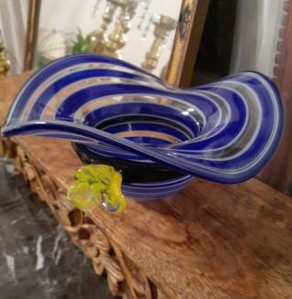 Murano Art Glass Candy Dish Bowl Blue Hat Yellow Flower