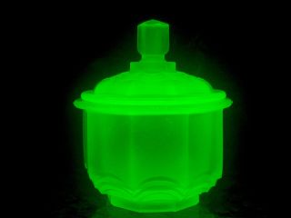 Small Vintage Frosted Green Uranium Glass Jar With Lid