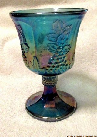 Vtg Indiana Harvest Iridescent Blue Grape Depression Carnival Glass Wine Goblet