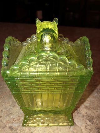 Neon Green Vaseline Glass Candy Dish Uranium Coffee Sugar Bowl Yellow Canary Art