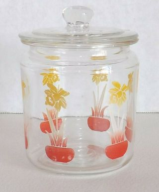 Vintage Daffodil Glass Canister Jar W Lid Mid Century Red Yellow Clear Swanky