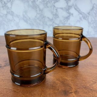 2 Vintage Anchor Hocking Amber Brown Barrel Style Coffee Mugs Cups 111