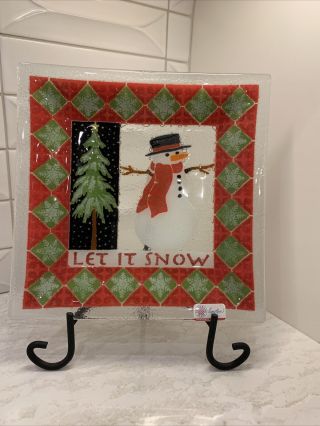 Peggy Karr Fused Glass 10” Square Plate Let It Snow Signed Box