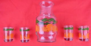 Vintage Anchor Hocking Orange Juice Carafe Pitcher W/ 4 Matching Glasses