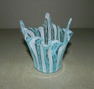Vintage Blue & White Italian Latticino Ribbon Art Glass Vase Murano?