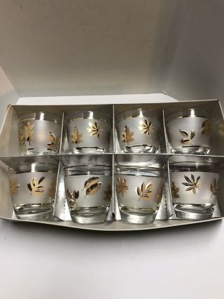 Vintage Set Of 8 Libbey Frosted Gold Leaf Tumblers Glasses Golden Foliage 8 Oz