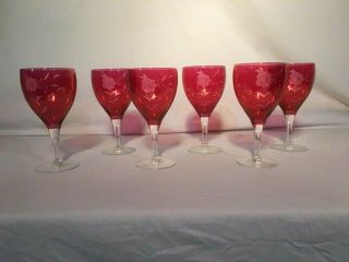 Set Of 6 Red Crystal Wine Water Glasses 7 " Tall Clear Stem Floral Etched Vintage
