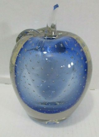 Large Blue And Clear Controlled Bubble Art Glass Apple Paperweight 6.  5 " X 4.  5 "