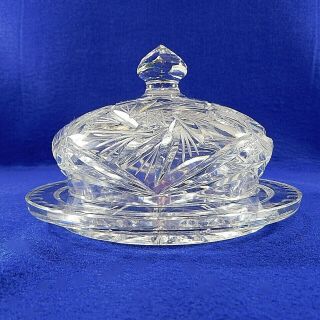 Vintage Heavy Clear Crystal Glass Butter Dish Dome Lid Hobstar Pinwheel