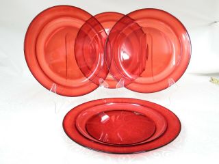 4 Vintage Arcoroc Ruby Red Glass Dinner Plates 9 - 3/8 " Mid Century Modern France