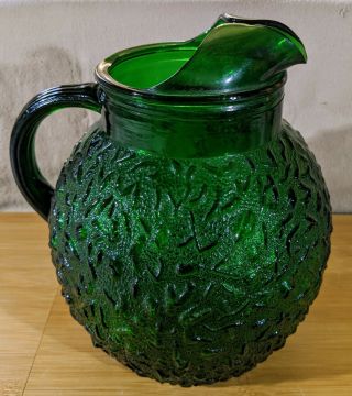 Vtg Anchor Hocking Forest Green Glass Ball Ice Lip Pitcher Lido Milano Lnc