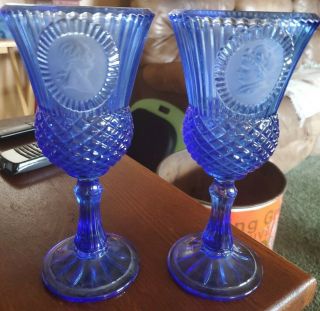 Vintage Avon Glass Goblets Cobalt Blue George Washington Martha