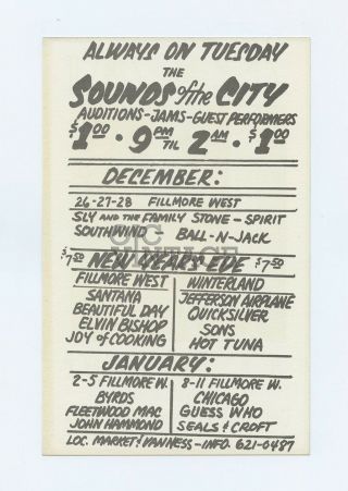 BG 208 Sly & the Family Stone 1969 Dec 26 Bill Graham Fillmore Postcard Ad Back 2
