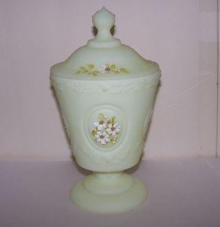 Vintage Fenton Green Satin Glass Covered Candy Dish Pretty Hand Signed Flowers