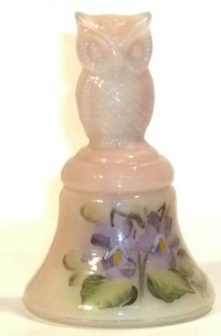 Boyd Glass Made in 2001 Owl Bell Pink Vaseline Hand Decorated Painted FUND 2