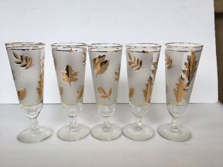 5 Vintage Libby Frosted Gold Leaf Footed Beer Glasses