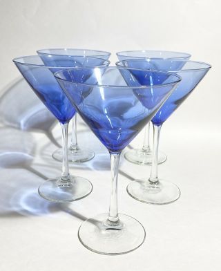 Set Of 5 - Dark Blue Crystal Martini Glasses - Clear Stems - 6.  5oz - 7 3/8”