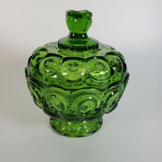 Vintage Le Smith Green Moon & Stars Glass Footed Candy Compote Dish,  Covered Lid