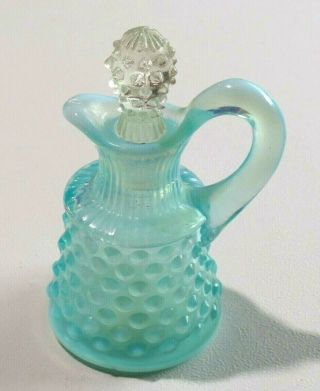 Vintage Fenton Blue Glass Hobnail Oil Cruet With Clear Glass Hobnail Stopper