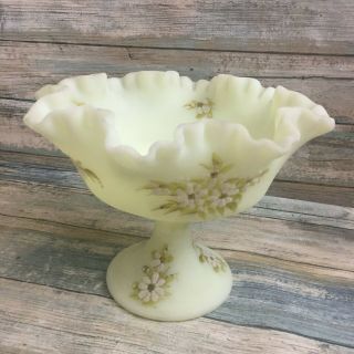 Vintage Fenton Custard Ruffled Glass Compote Hand Painted Artist Signed Rich