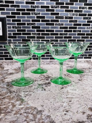 4 Vintage Green Depression Uranium Glass Line Optic Champagne Coupes