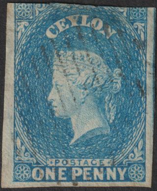 Ceylon 1857 Qv 1d Blue Imperf Sg2a Cat £80 With Thin At Top