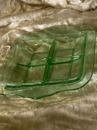 Vintage Green Etch 10 3/8” Depression Glass 4 Part Divided