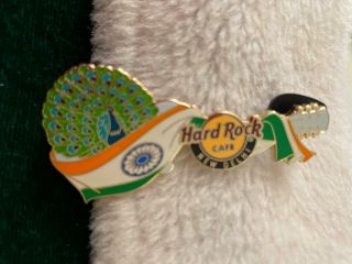Hard Rock Cafe Pin Delhi Guitar W Blue Green Peacock Draped In An India Flag