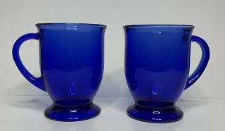 Vintage Set Of 2 Anchor Hocking Cobalt Blue Glass Footed Pedestal Mugs 16 Oz