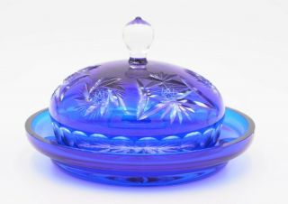 Vintage Bohemian Czech Crystal Cobalt Blue Cut To Clear Butter/cheese Dish