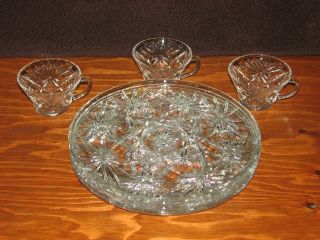 4 Vintage Large Anchor Hocking Star Of David Glass 10 " Snack Plates & 3 Cups Vgc
