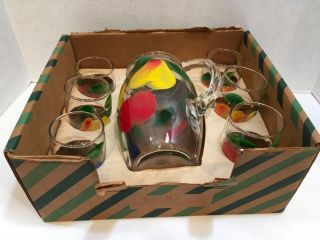 Vintage Gay Fad Pitcher And Juice Glass Set Hand Painted Fruit
