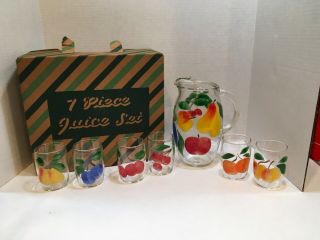 Vintage Gay Fad Pitcher And Juice Glass Set Hand Painted Fruit 2