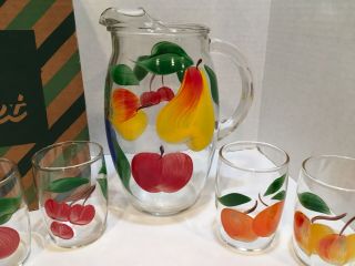 Vintage Gay Fad Pitcher And Juice Glass Set Hand Painted Fruit 3