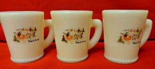 Set Of 3 Vintage Mckee Milk Glass Tom & Jerry Sleigh Ride Mugs