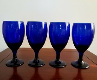 Vintage Cobalt Blue Water Or Wine Goblets By Libbey - Set Of 4,  Blown Glassware