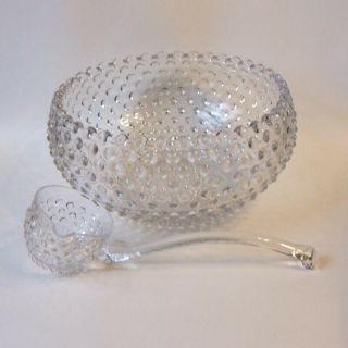 Duncan And Miller Clear Hobnail Glass Punch Bowl And Ladle