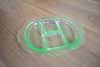 Vintage Green Uranium Depression Glass 4 Part Divided Tray Fluorescent