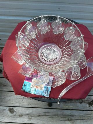 Vintage Americana Anchor Hocking Glass Punch Bowl Set 12 Cups 12 Hangers Ladle