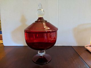 Vintage Ruby Red & Clear Glass Covered Candy Dish