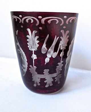Antique Etched Cranberry Hand Cut Bohemian Liqueur Cordial Cabinet Glass
